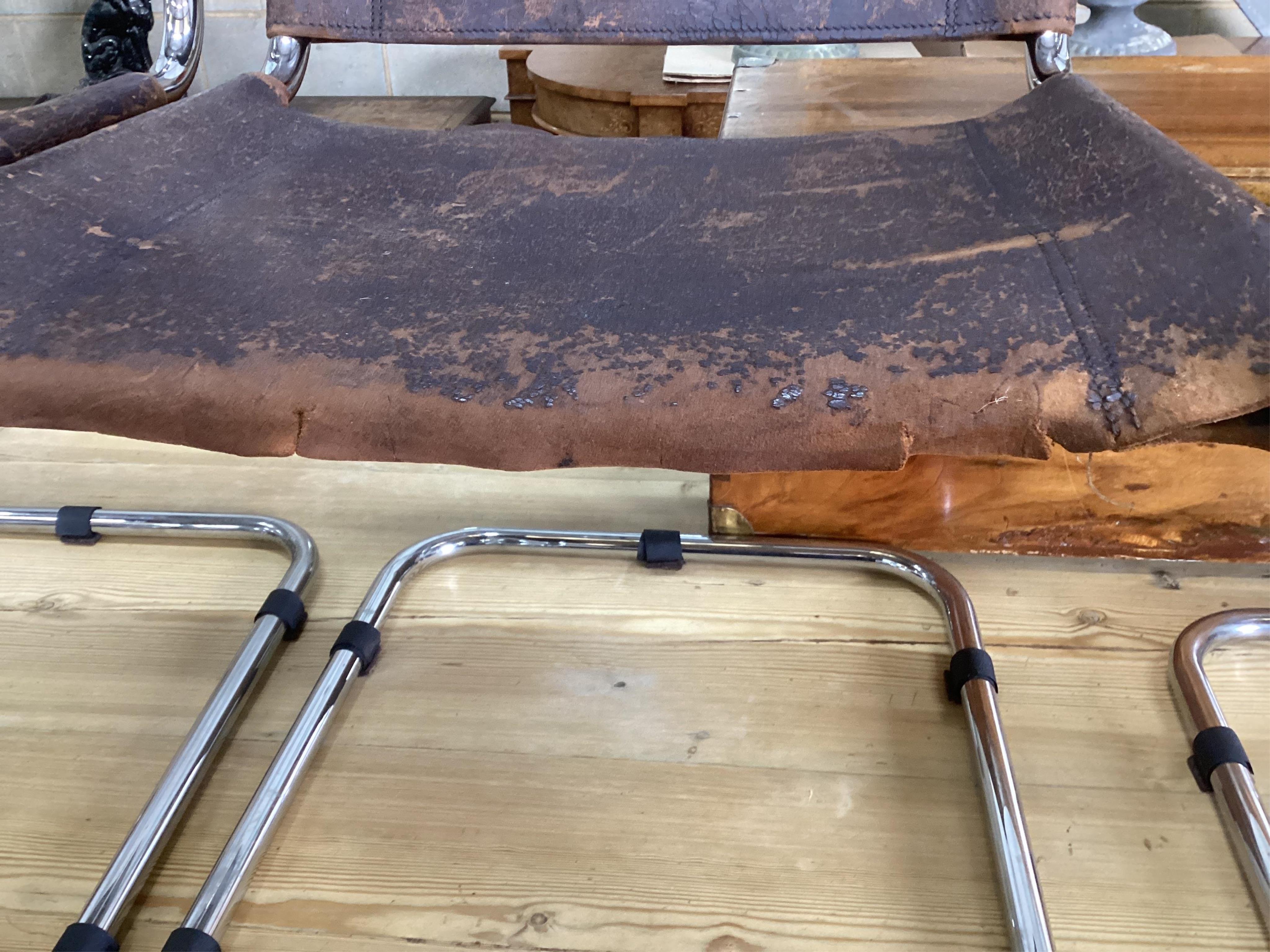 Mies Van Der Rohe for Thonet, a set of six mid century MR10 cantilever chairs with tan leather pads, width 50cm, depth 74cm, height 82cm. Condition - fair